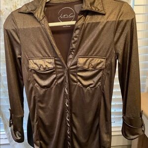 INC bronze shimmer button up top